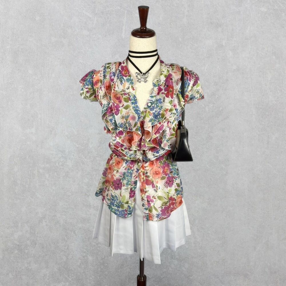 Y2K Sunny Leigh Sheer Multicolor Floral Ruffle Cinched Waist Button Up